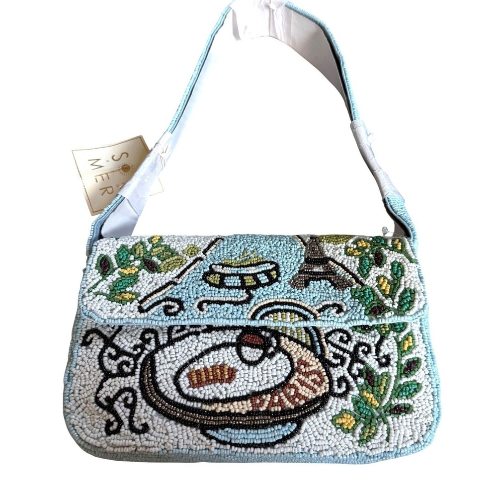 Sol & Mer Beaded Paris Shoulder Bag Womens Blue Eiffel Tower Coquette Travel
